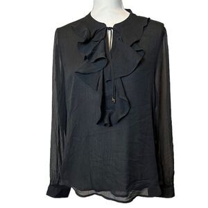 NWOT Tommy Hilfiger Black Ruffle Tie Front Sheer Sleeve Blouse Size Medium